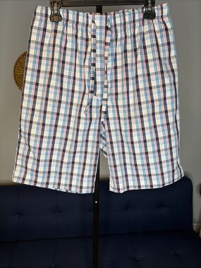 Derek Rose Men's Blue/Red/White Plaid Cotton Lounge Drawstring Woven Short Large